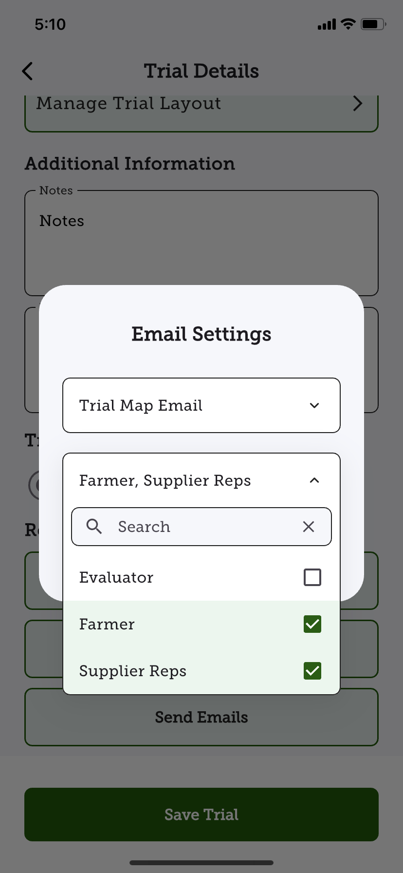 SeedSense email settings for sending trial maps to farmers and supplier reps
