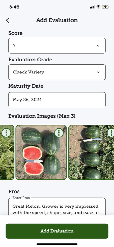 Evaluation screen in SeedSense