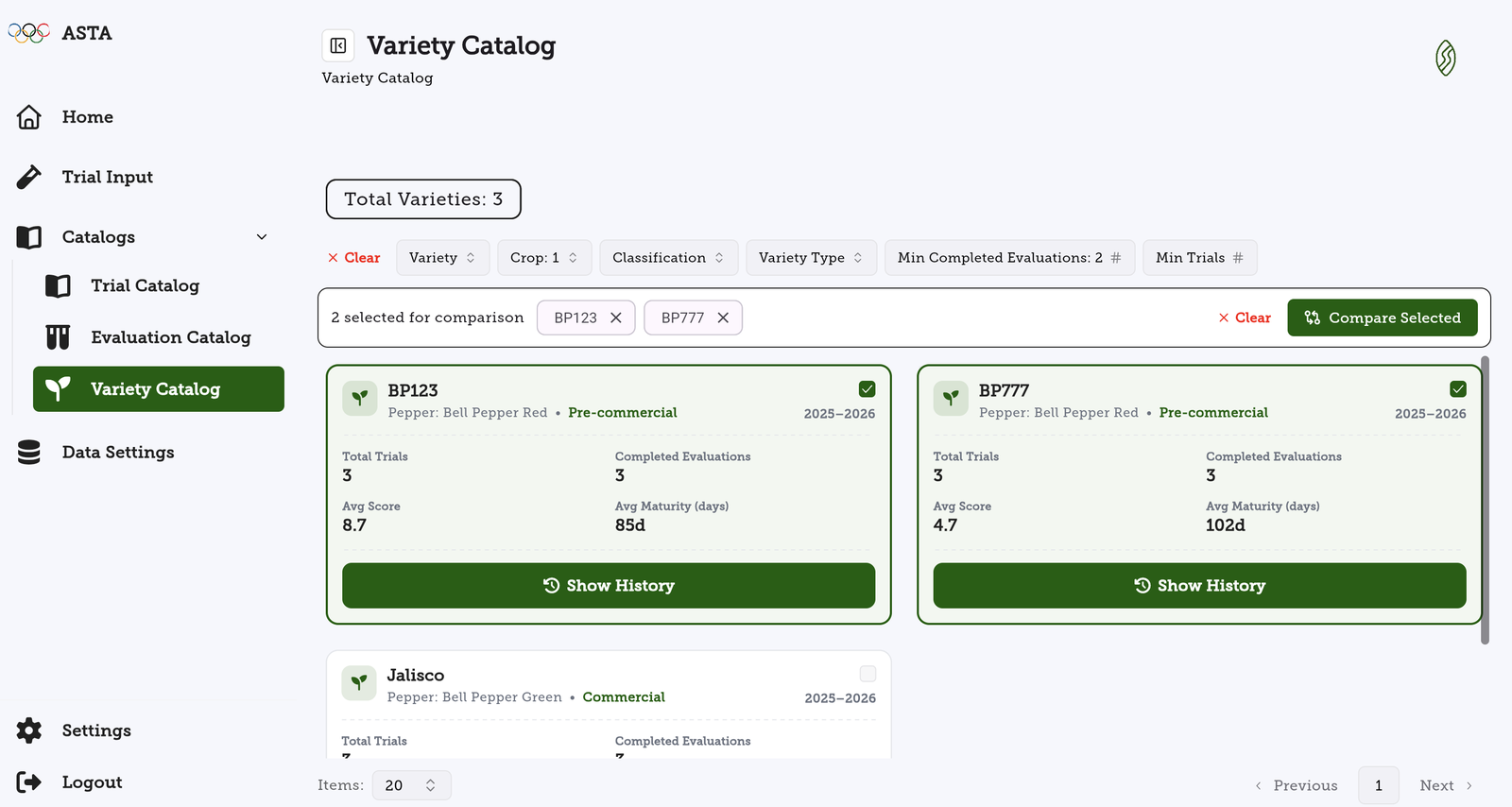 Selecting two varieties in the Variety Catalog for comparison